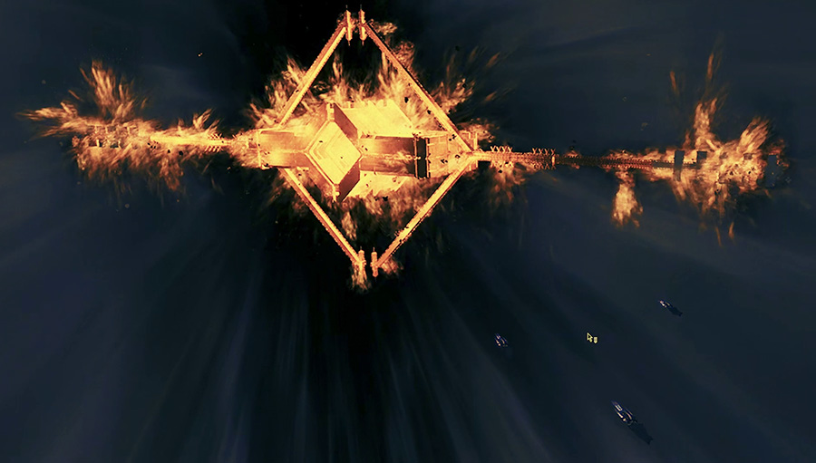 Gate-killing fleet warping as structures burn behind it